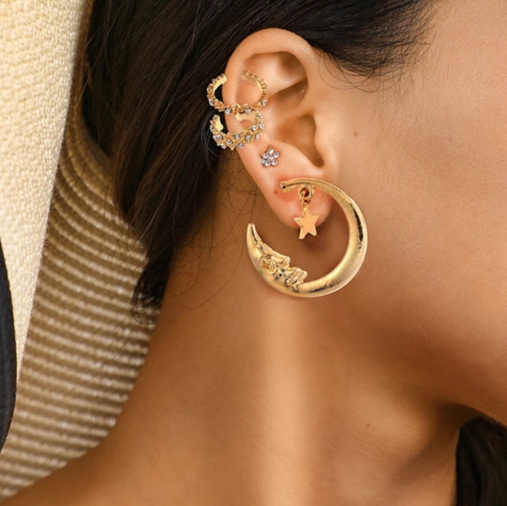 Sun & Moon Gold Hoop Layer Earring Set